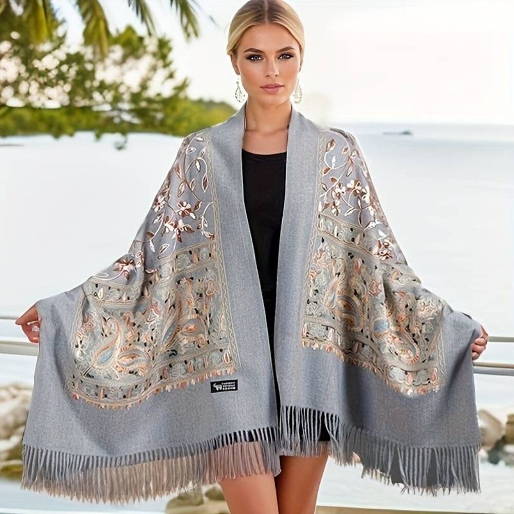 Embroidered Cashmere shawl wrap for women - Gray - Gift for her 🎄🎁